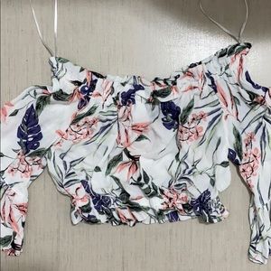 Flower ruffles off the shoulder cropped top
